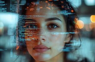 A woman with a computer screen behind her photo