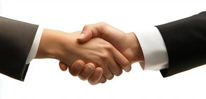 Two business people shaking hands over a white background photo