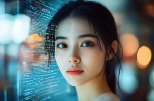 A woman looking at a computer screen photo