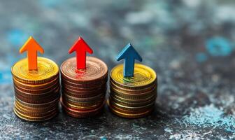 Three stacks of coins with arrows pointing up photo