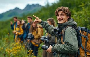 A group of people with backpacks pointing at something photo
