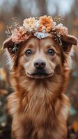 A dog wearing a flower crown in the fall photo