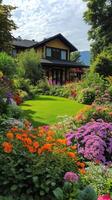 A beautiful garden with flowers and grass photo