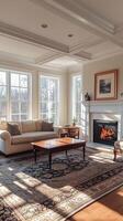 A living room with a fireplace and couches photo