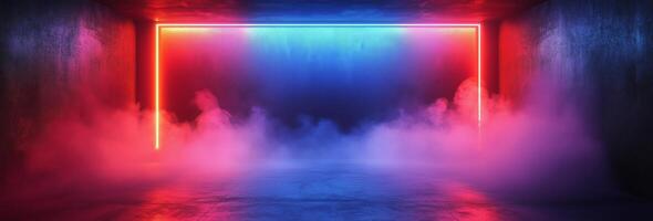 A neon light is shining through a door into a dark room photo