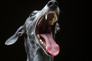 A grey dog with its mouth open and its mouth open photo