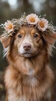 A dog wearing a flower crown on its head photo