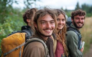 A group of young people are smiling while hiking photo