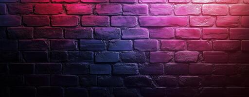 A brick wall with purple and pink lights photo