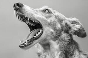 A dog with its mouth open and its teeth showing photo