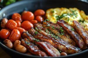 A pan with bacon, eggs, tomatoes and potatoes photo