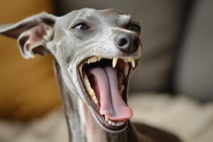 A grey dog with its mouth open and its teeth showing photo
