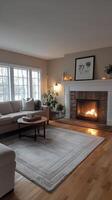 A living room with a fireplace and a couch photo