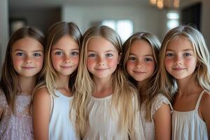 Five little girls in white dresses posing for a picture photo