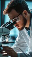 A man in a lab coat looking through a microscope photo