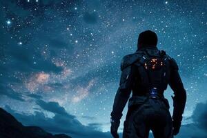 A man in a suit standing in front of a starry sky photo