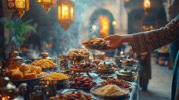 A woman is holding a plate of food at a buffet photo