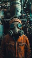 A man wearing a gas mask in front of a factory photo