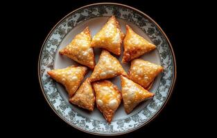 A plate of small triangles of food on a black background photo