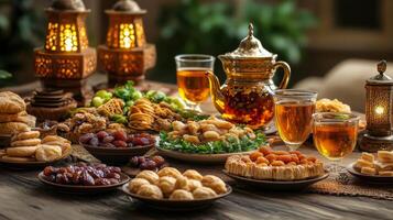 A table with various types of food and drinks photo