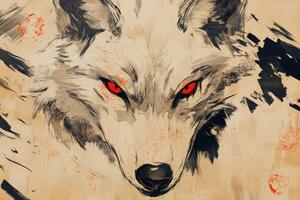 A painting of a wolf with red eyes photo