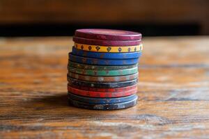 A stack of colorful poker chips on a wooden table photo