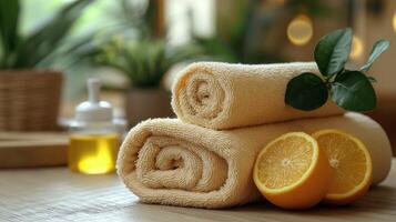 A towel with two oranges and a bottle of oil photo