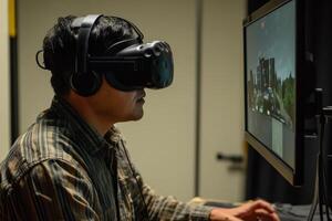 A man wearing a virtual reality headset is playing a game photo