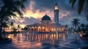 A beautiful mosque at sunset with palm trees photo