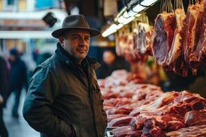 A man in a hat standing in front of meat photo