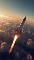 A rocket is flying through the sky photo