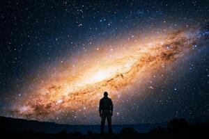 A man standing in front of a milky with stars photo