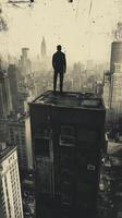 A man stands on top of a building overlooking a city photo