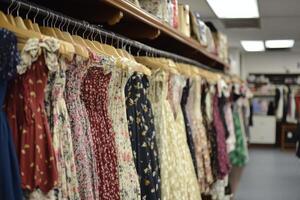 A rack of dresses hanging on a rack in a store photo