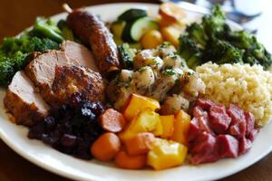 A plate of food with meat, vegetables, and rice photo