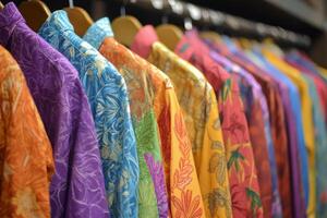 Colorful shirts hanging on a rack in a store photo