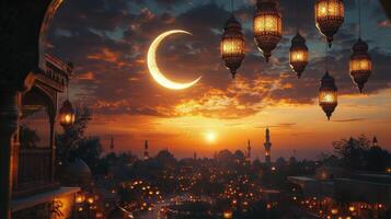 The crescent moon is seen in the sky over a city photo