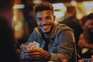 A man smiles while playing poker at a casino photo