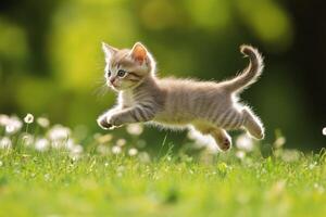 A kitten is running through a field of grass photo