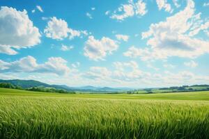 Green field with blue sky and clouds photo