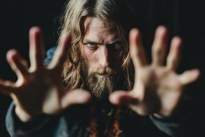 A man with long hair and beard is holding his hands up photo