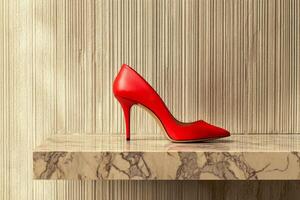 A red high heel shoe sitting on a marble shelf photo