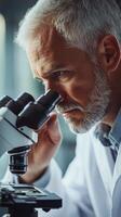 A man in a lab coat looking through a microscope photo