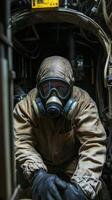 A man wearing a gas mask and gloves photo