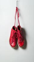 A pair of red shoes hanging on a wall photo