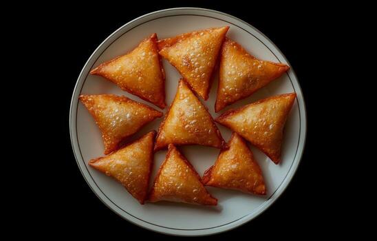 A plate of small triangles of food on a black background photo