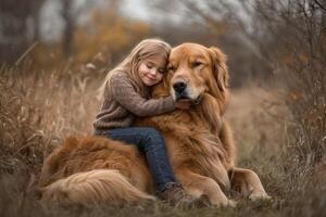 A little girl hugging a golden retriever photo
