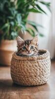 A kitten sitting in a basket on a wooden floor photo