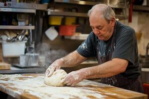 An older man kneading dough on a wooden cutting board photo