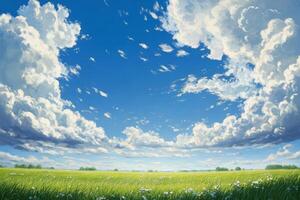 An anime painting of a field with clouds above it photo